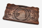 Carved beechwood backgammon board with a soaring eagle and carry handle, propped open
