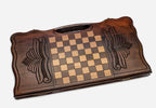 Angled view of the soaring eagle carved backgammon board