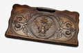 Carved beechwood backgammon board with an eagle and an octagon star, propped open