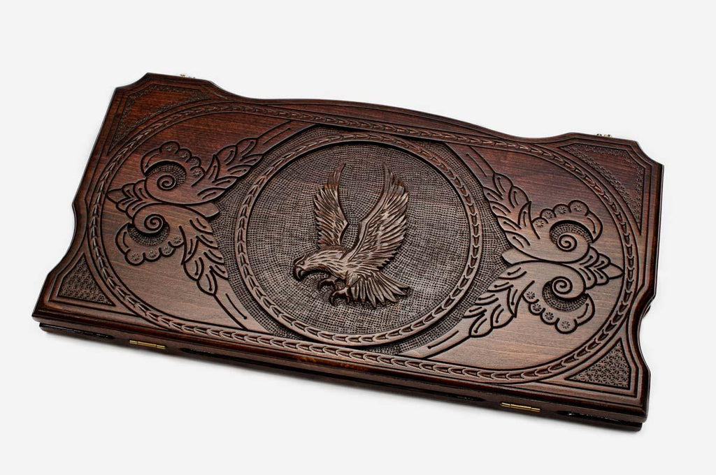 Eagle backgammon board with spread wings carved in wood
