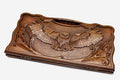 Carved beechwood backgammon board with an owl and carry handle, propped open