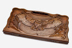 Carved beechwood backgammon board with an owl and carry handle, propped open