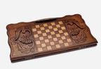 Angled view of the owl carved backgammon board