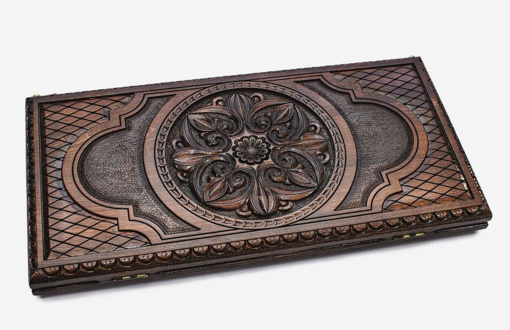 Luxury Armenian backgammon set with deep-carved flower ornament