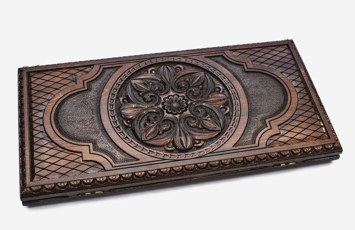 Luxury Armenian backgammon set with deep-carved flower ornament