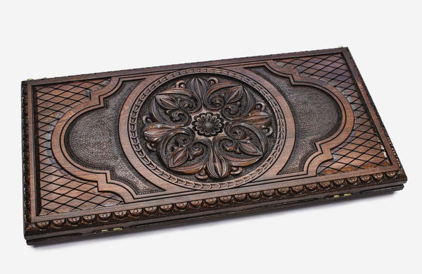 Luxury Armenian backgammon set with deep-carved flower ornament