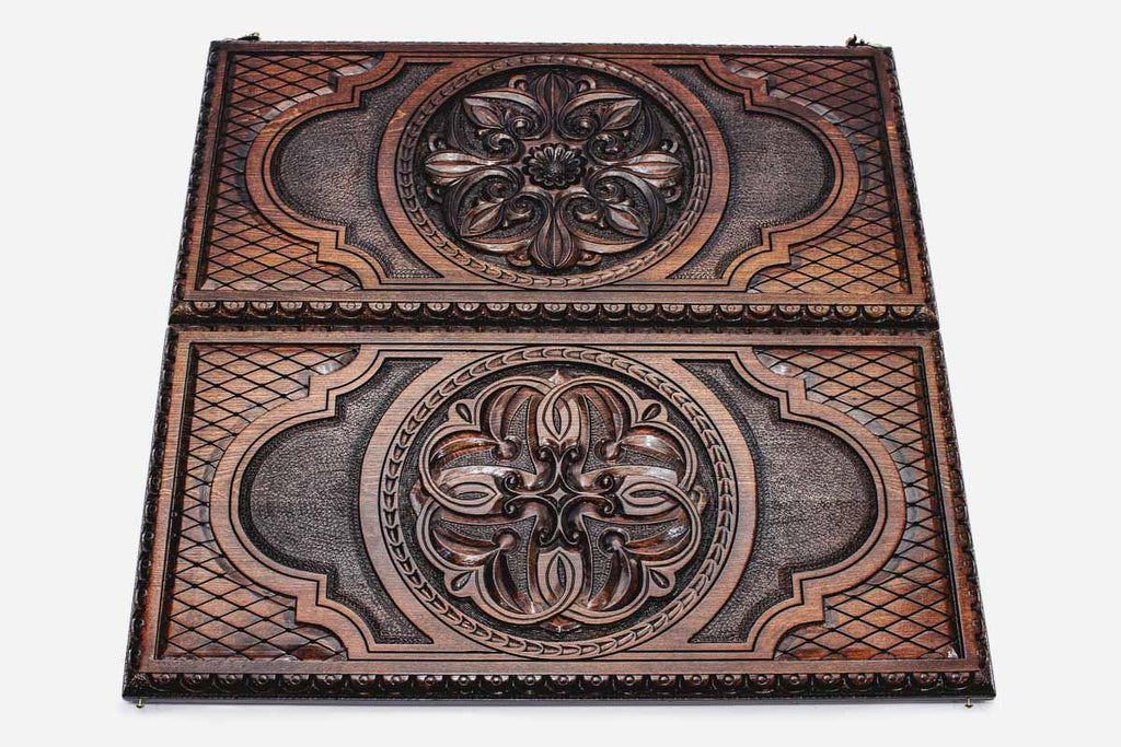 Both carved ornament faces of the luxury Armenian backgammon set