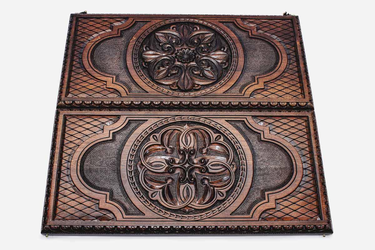 Both carved ornament faces of the luxury Armenian backgammon set