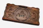 Carved beechwood backgammon board with the Saint Gayane and Hripsime churches, propped open
