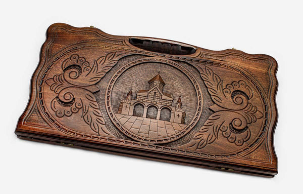 Carved beechwood backgammon board with the Saint Gayane and Hripsime churches, propped open