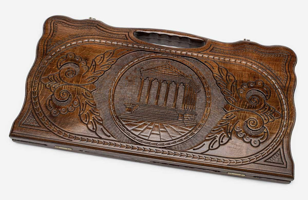Carved beechwood backgammon board with the Temple of Garni, propped open