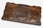 Carved beechwood backgammon board with the Temple of Garni, propped open