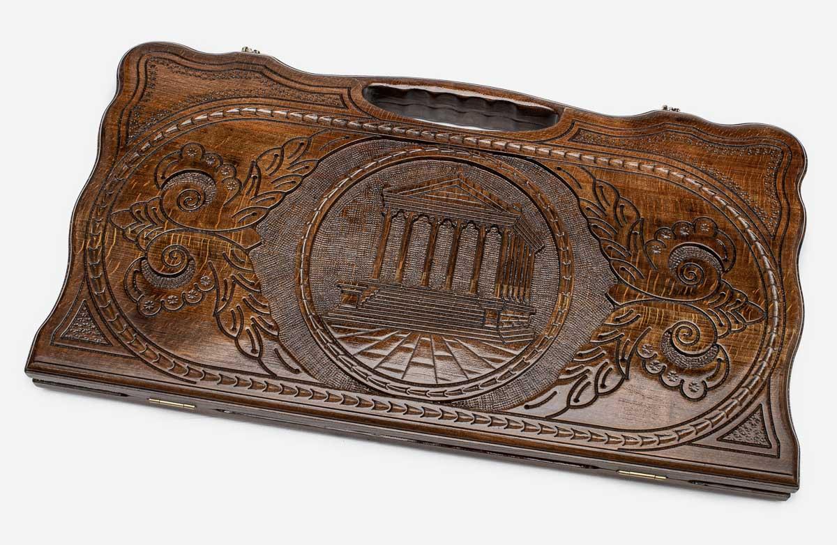 Carved beechwood backgammon board with the Temple of Garni, propped open