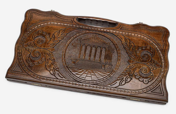 Carved beechwood backgammon board with the Temple of Garni, propped open