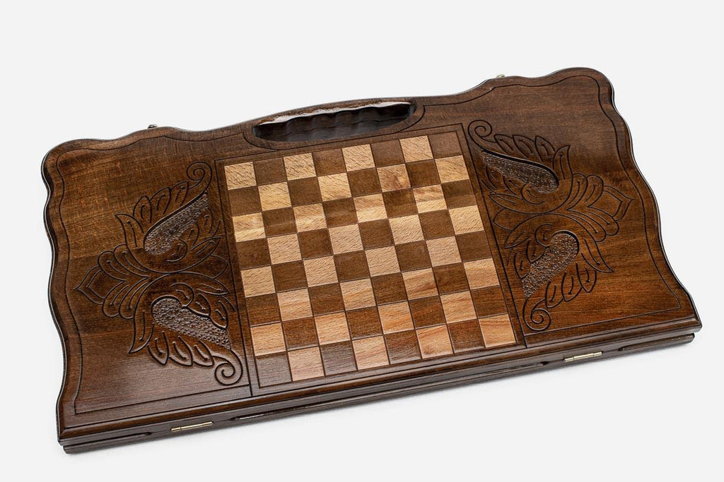 Angled view of the Garni temple beechwood backgammon board