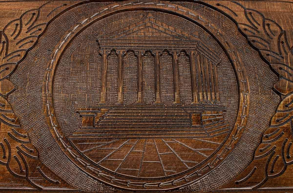 The backgammon board opened to show the wooden playing surface