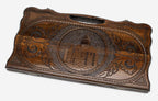 Carved beechwood backgammon board with the Geghard Monastery, propped open