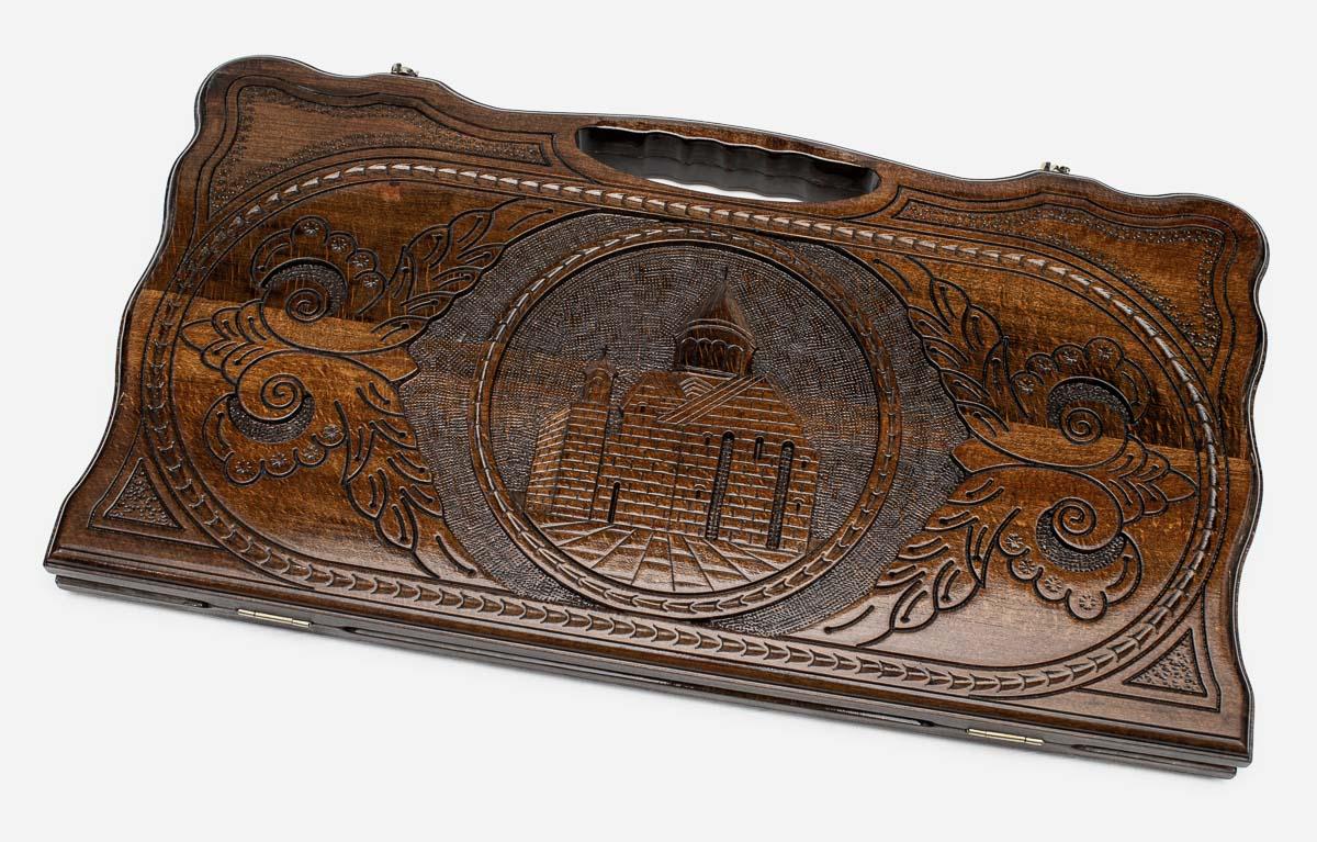 Carved beechwood backgammon board with the Geghard Monastery, propped open