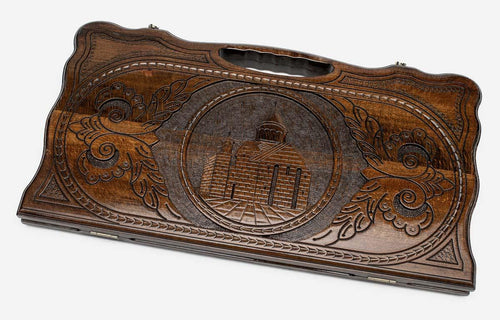Carved beechwood backgammon board with the Geghard Monastery, propped open