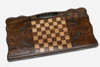 Angled view of the Geghard Monastery beechwood backgammon board