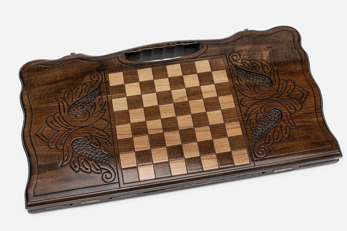 Angled view of the Geghard Monastery beechwood backgammon board