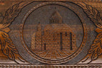 The backgammon board opened to show the wooden playing surface