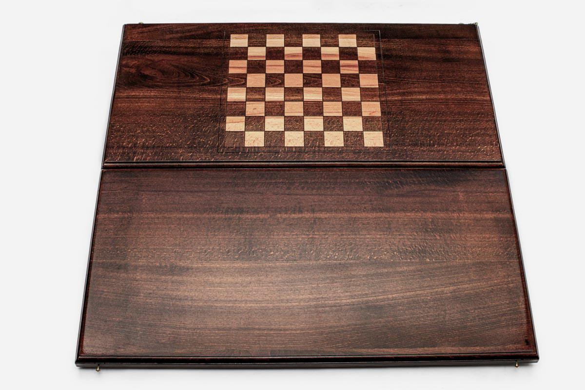 Minimalist wooden backgammon set shown from both sides