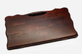 Smooth beechwood backgammon board with a carved border and a carry handle, propped open