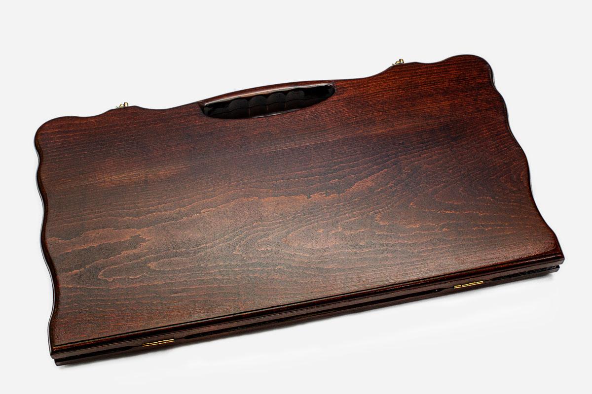 Smooth beechwood backgammon board with a carved border and a carry handle, propped open