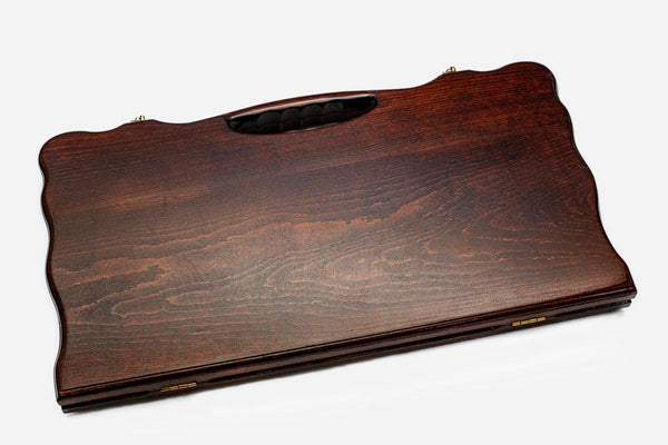 Smooth beechwood backgammon board with a carved border and a carry handle, propped open
