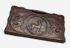 Carved beechwood backgammon board with a graceful deer and carry handle, propped open