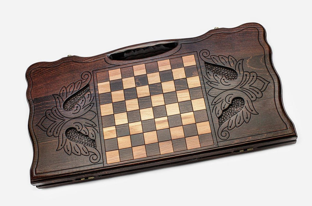 Angled view of the deer medallion carved backgammon board