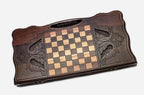Angled view of the deer medallion carved backgammon board