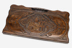 Carved beechwood backgammon board with the Holy Cathedral of Echmiadzin, propped open