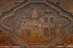 The backgammon board opened to show the wooden playing surface
