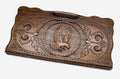 Carved beechwood backgammon board with a proud eagle and carry handle, propped open