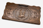 Carved beechwood backgammon board with a proud eagle and carry handle, propped open