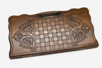 Angled view of the proud eagle carved backgammon board