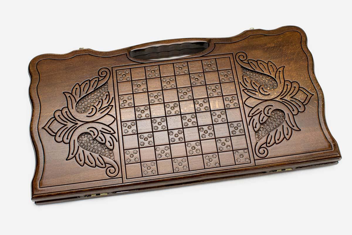 Angled view of the proud eagle carved backgammon board