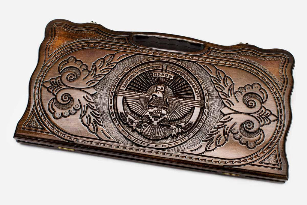 Carved beechwood backgammon board with the Artsakh coat of arms and a carry handle, propped open