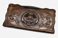 Carved beechwood backgammon board with the Artsakh coat of arms and a carry handle, propped open