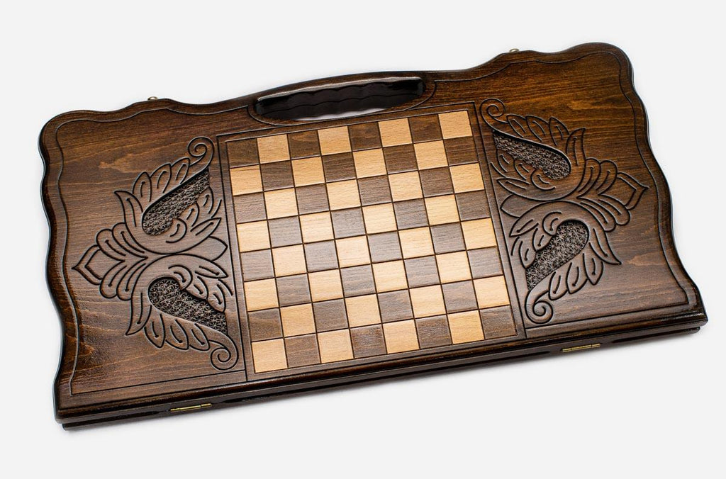 Angled view of the Artsakh coat of arms carved backgammon board