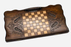 Angled view of the Artsakh coat of arms carved backgammon board