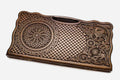 Carved beechwood backgammon board with interlaced ornament and an eagle, propped open