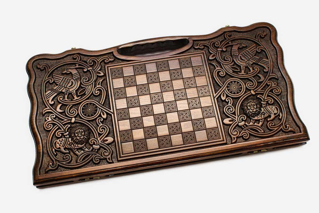 Angled view of the knotwork and eagle ornament backgammon board