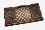 Angled view of the knotwork and eagle ornament backgammon board