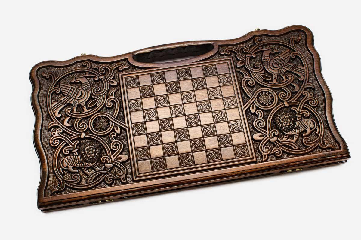 Angled view of the knotwork and eagle ornament backgammon board