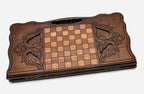 Angled view of the floral ornament backgammon board