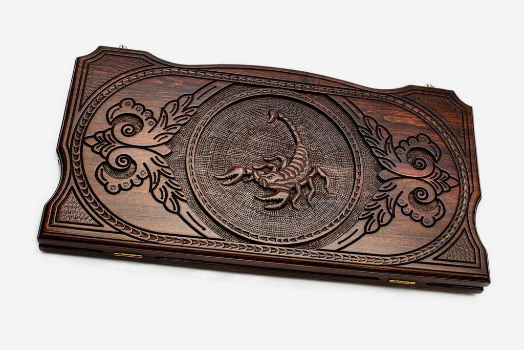Scorpion backgammon board hand-carved in wood