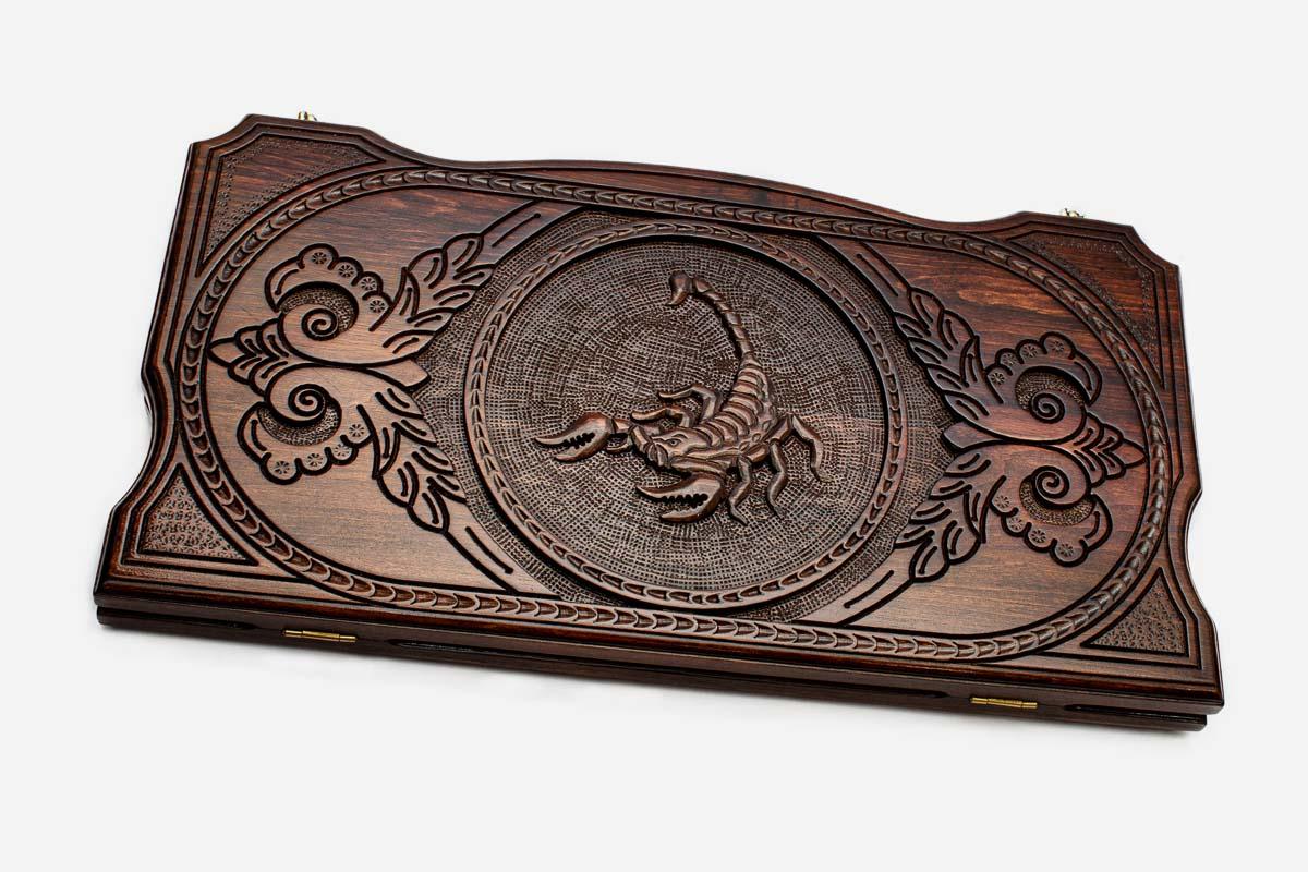 Scorpion backgammon board hand-carved in wood